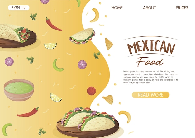 Vector sjabloon voor website-bestemmingspagina met mexicaans gerecht quesadilla en empanadas op een houten dienblad fastfoodrestaurant en straatvoedselsnacks vleestortilla's afhaalmaaltijden