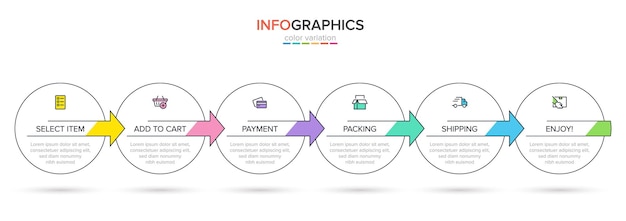 Sjabloon voor winkelen infographics Zes opties of stappen met pictogrammen en tekst