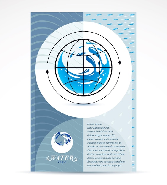 Sjabloon voor zakelijke corporatieve flyer voor waterlevering. grafische vectorillustratie. globaal watercirculatie conceptueel ontwerp, blauwe planeet.