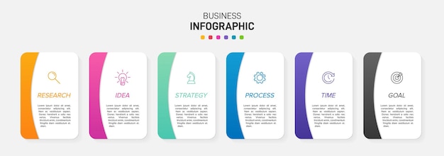Sjabloon voor zakelijke infographic. zes opties of stappen met pictogrammen en tekst.