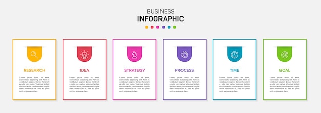 Sjabloon voor zakelijke infographic. zes opties of stappen met pictogrammen en tekst.