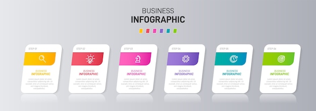 Sjabloon voor zakelijke infographics Zes opties of stappen met pictogrammen en tekst