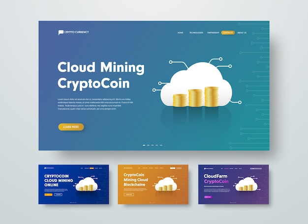 Sjabloon webkop voor cloud mining crypto-valuta met gouden stapels munten.