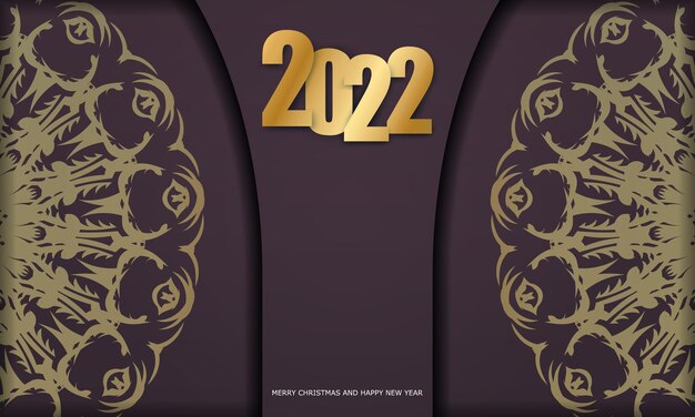 Sjabloon wenskaart 2022 Merry christmas bordeaux kleur met luxe gouden patroon