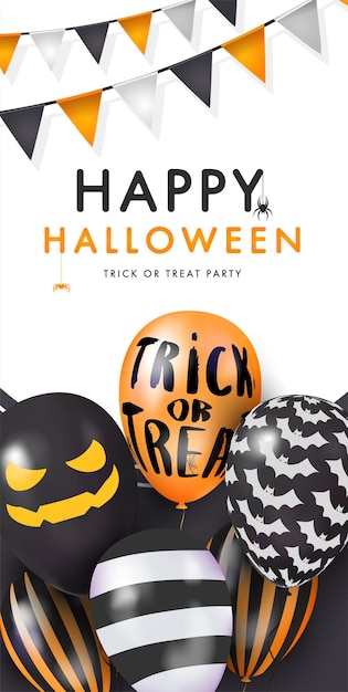 Sjabloon zwarte banner met 3D-ballonnen met gezichten Happy Halloween