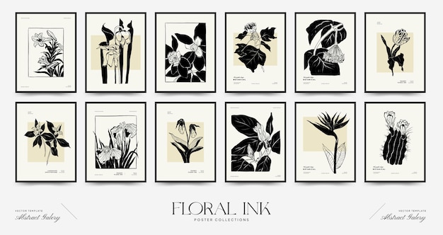 Sjablooncollectie voor abstracte bloemenaffiches. Moderne botanische trendy zwarte stijl. Uitstekende bloemen.