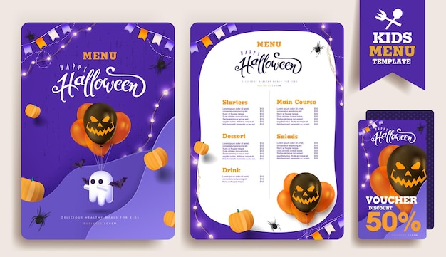 Sjabloonontwerp voor halloween-kindermenu met schattige halloween-tekenfiguren