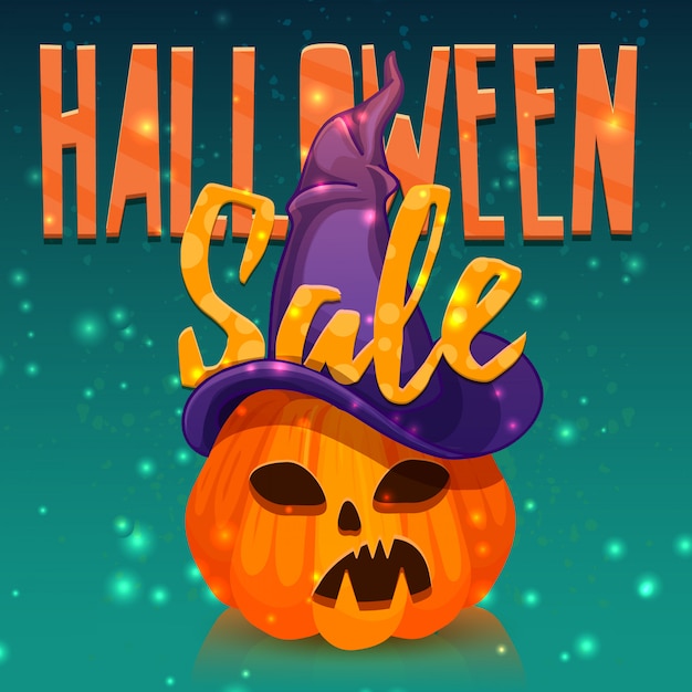 Sjabloonontwerp voor Halloween-korting Decoratie pompoen en magische heksenhoed voor Halloween-aanbieding Banner halloween-verkoop