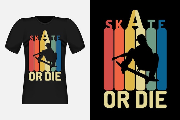 Skate or die met vintage retro T-shirtontwerp met silhouet