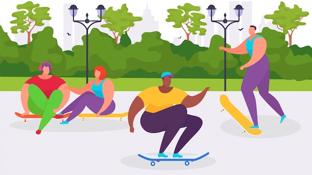 Skate park with boy and girl,  illustration. cartoon young people character with skateboard, sport activity in  city.