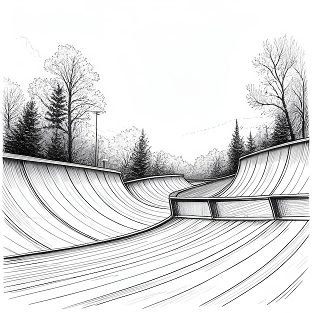 Skate ramp ink sketch drawing black and white engraving style vector illustration