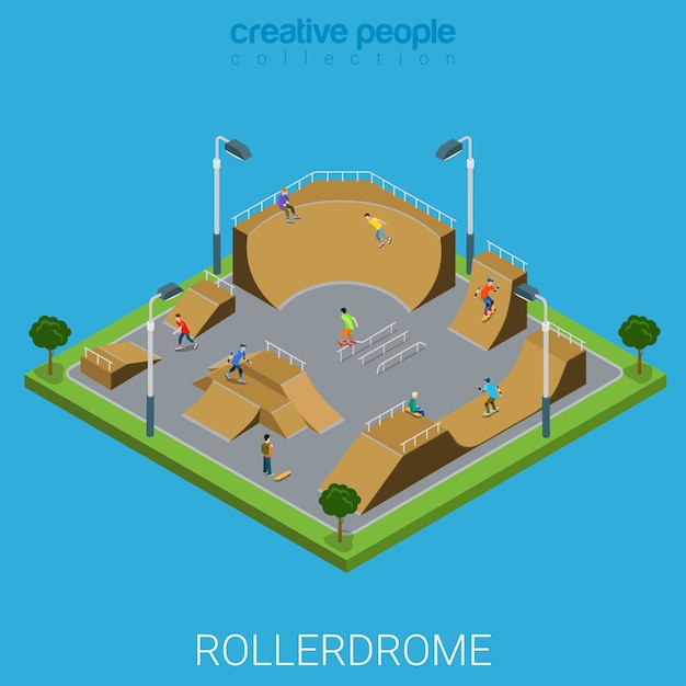 Skate roller arena rollerdrome flat d isometric city building outdoor concept