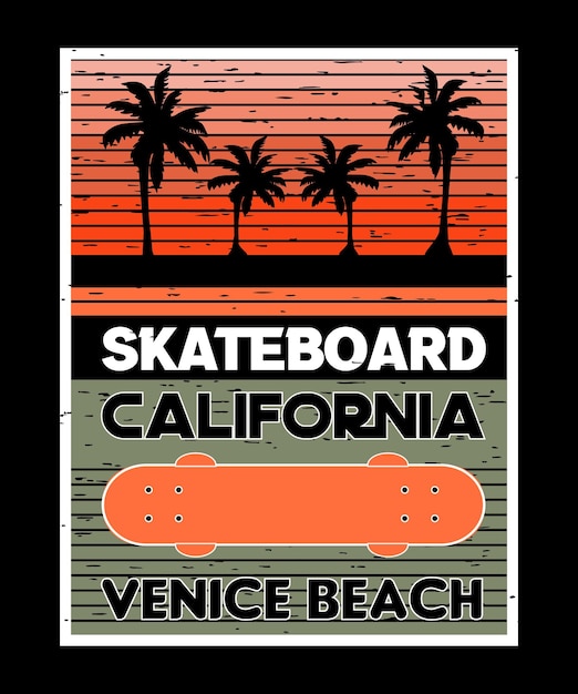 SKATEBOARD CALIFORNI HET STRAND VAN VENETI. RETRO STIJL T-SHIRT ONTWERP VECTOR.