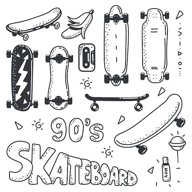 Vector skateboard doodle sketch element vector set isolated.