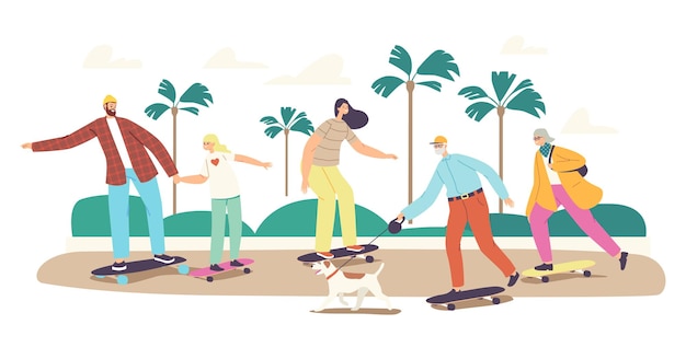 Skateboard family concept. happy characters mother, father,\
daughter and grandparents with dog skating outdoors on street.\
summertime activity, healthy sparetime. cartoon people vector\
illustration