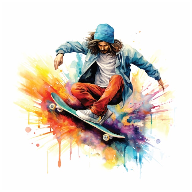 Skateboard freestyling watercolor paint ilustration