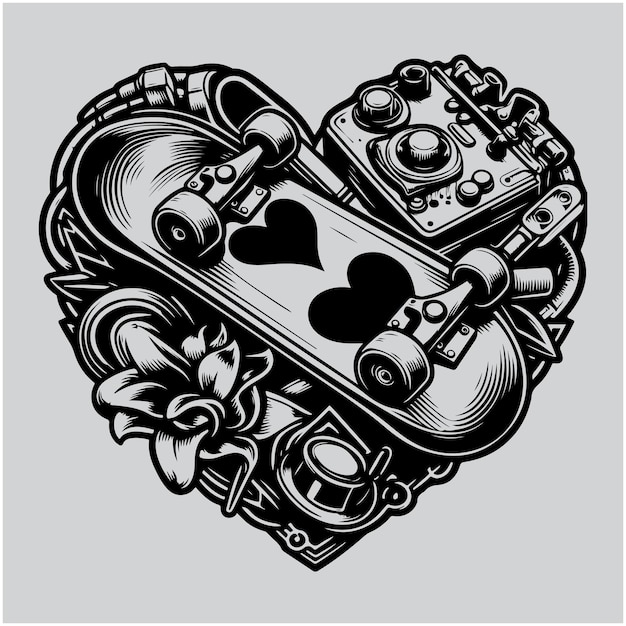 Skateboard and heart shape Vector illustration