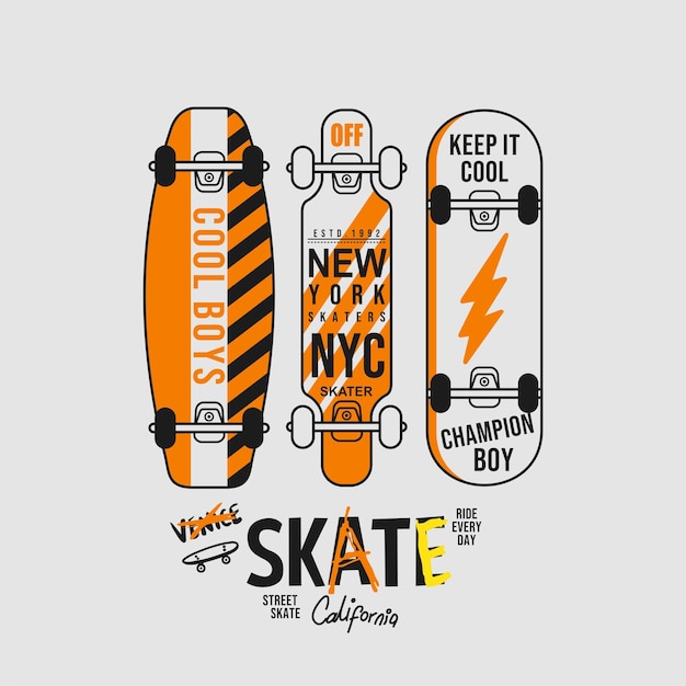 Illustrazione di skateboard california new york