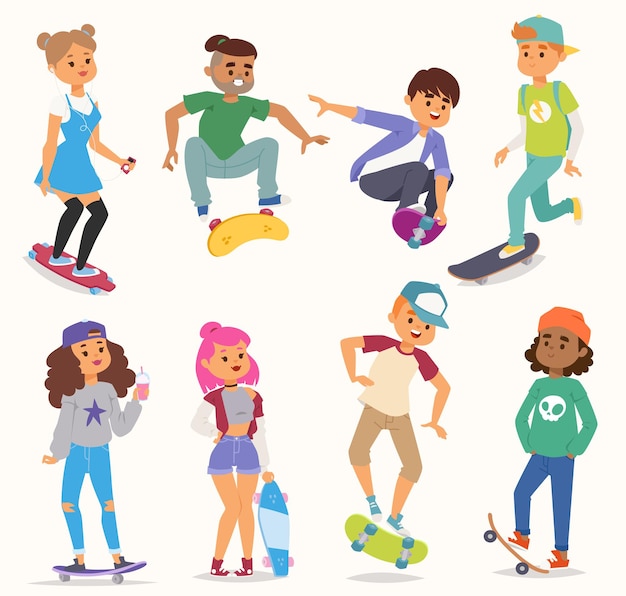Skateboard jongeren jongen en meisje tekens instellen stijlvolle kinderen illustratie