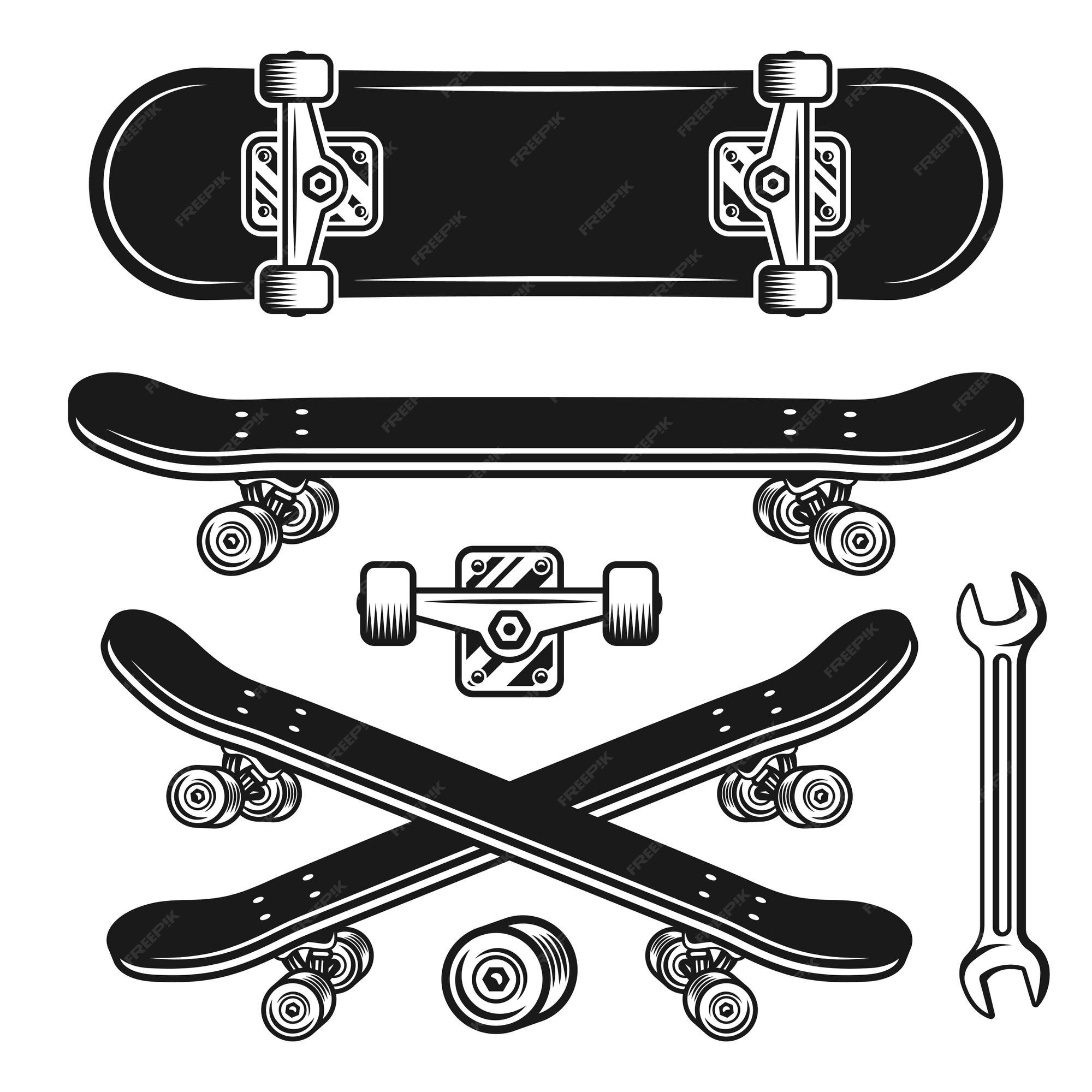 Skateboard onderdelen set en ontwerpelementen in vintage zwart-wit geïsoleerd op witte | Premium Vector