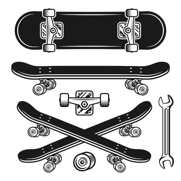 Vector skateboard parts set of vector objects and design elements in vintage monochrome style isolated on white background