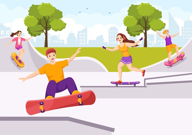 Vector skateboard sport illustration with skateboarders jump using board on springboard in skatepark