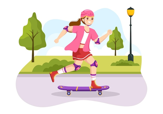 Vector skateboard sport illustration with skateboarders jump using board on springboard in skatepark