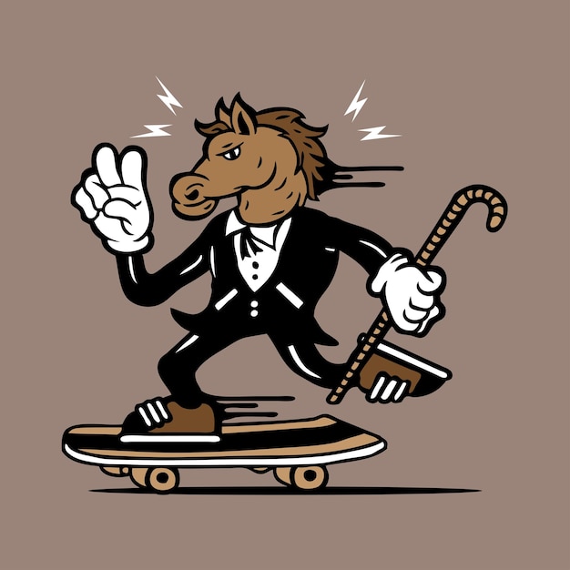 Skateboarden paard in smoking mascotte karakter ontwerp vector