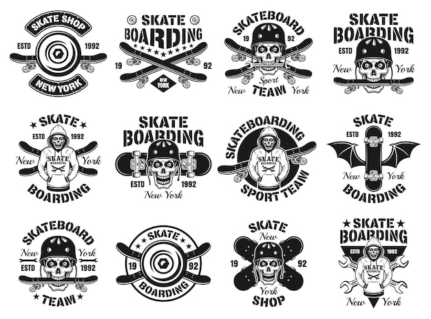 Skateboarden set van twaalf vector emblemen, etiketten, insignes of logo's in vintage zwart-wit stijl geïsoleerd op een witte achtergrond