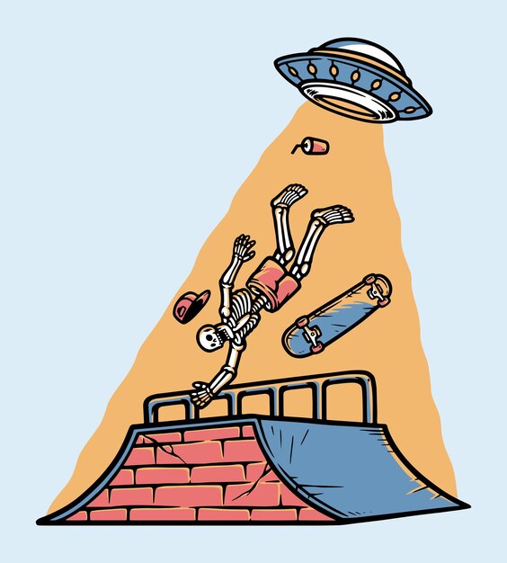 skateboarder aangevallen door ufo-illustratie