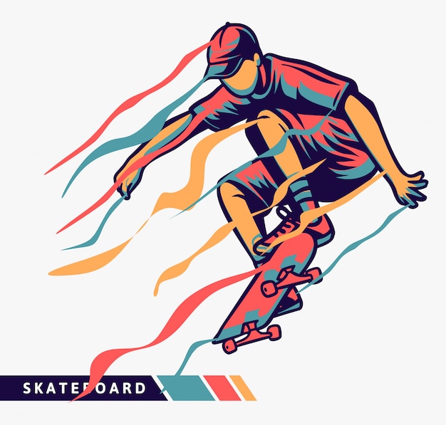 Illustrazione variopinta del skateboarder con effetto di movimento