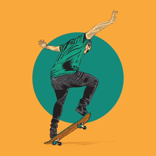 skateboarder die sprongtruc doet. illustratie hand tekenen met gravure stijl