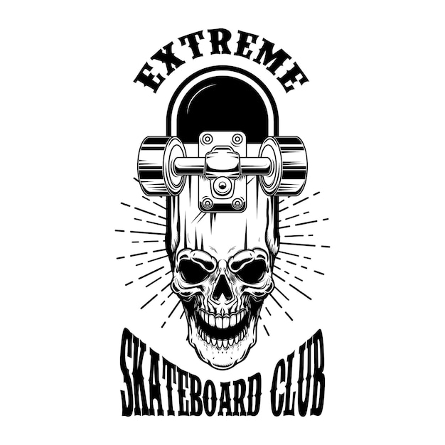 Skateboarder embleem. Gekruiste skateboards en schedel. Ontwerpelement voor logo, label, teken.