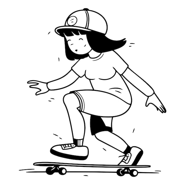 Vettore ragazza skateboarder con casco che va su uno skateboard