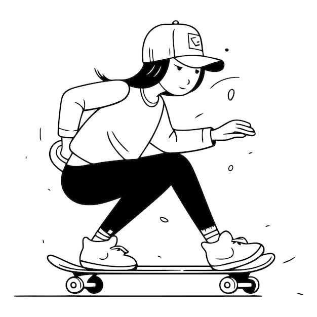 벡터 스케이트보드를 타는 모자를 입은 스케이트보드 여자