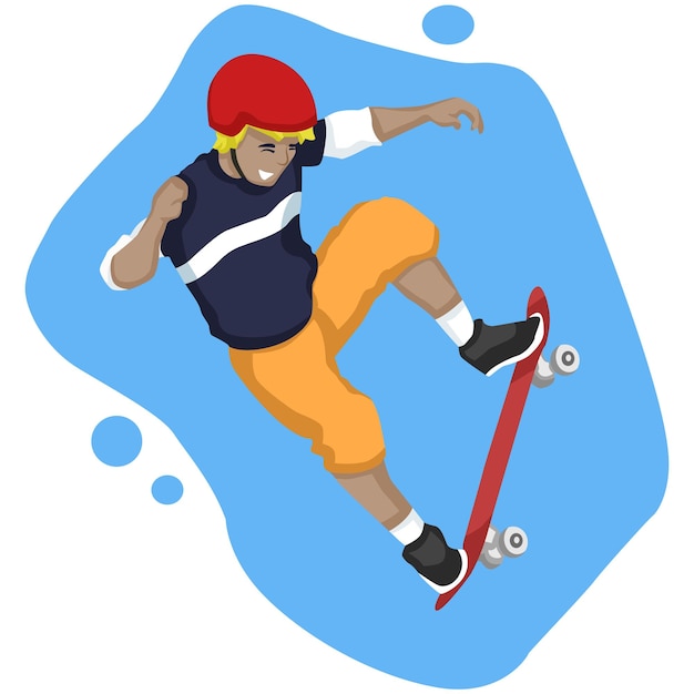 A skateboarder is riding a skateboard with a blue background.