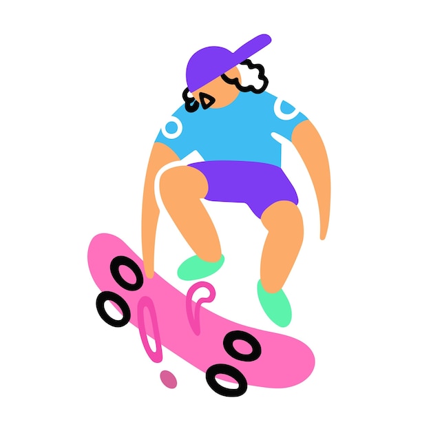 Skateboarder salta su un trucco da skateboard. illustrazione piana del fumetto di vettore nello stile di doodle.