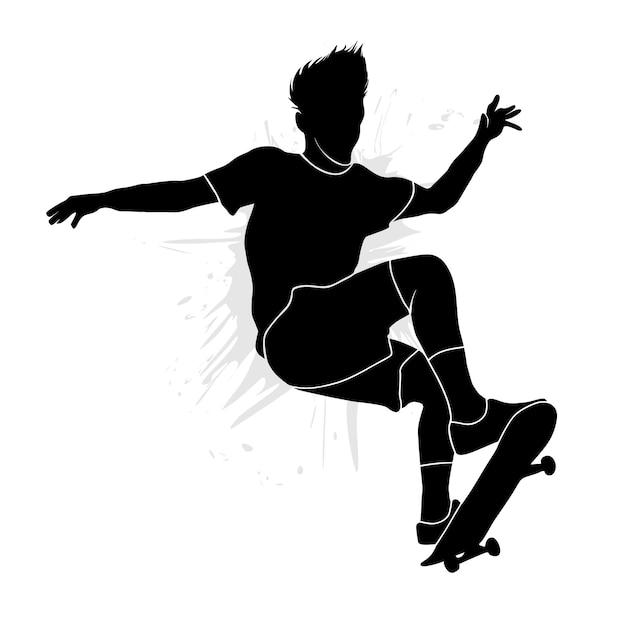 Вектор Силуэт скейтбордиста, делающий трюки на белом фоне