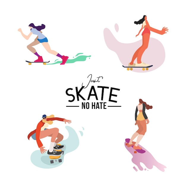 Set di illustrazioni di personaggi di skateboarder ragazze