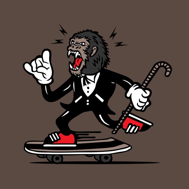 Skateboarding Angry Gorilla in Tuxedo Mascot Character Design Hand Drawing Vector