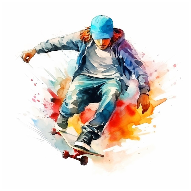 Скейтбординг в свободном стиле акварельной краской иллюстрация