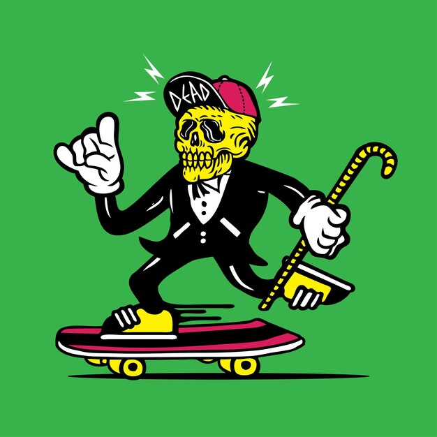 Vettore skateboarding funky skull indossando snap back in tuxedo mascotte disegno personaggio disegno a mano vettore