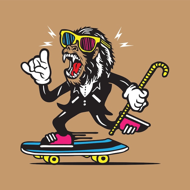 Skateboarding King Kong Gorilla in Tuxedo Mascot Character Design