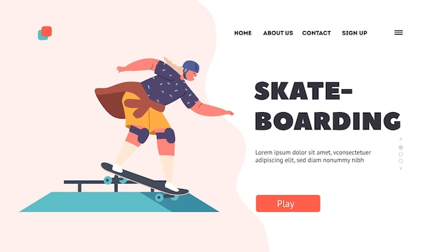 スケート ボード ランディング ページ テンプレート スケート ボードで転がる女の子 バリアを飛び越える 子供のキャラクター スタントを実行します
