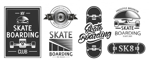 Skateboarding logos or emblems in monochrome style.