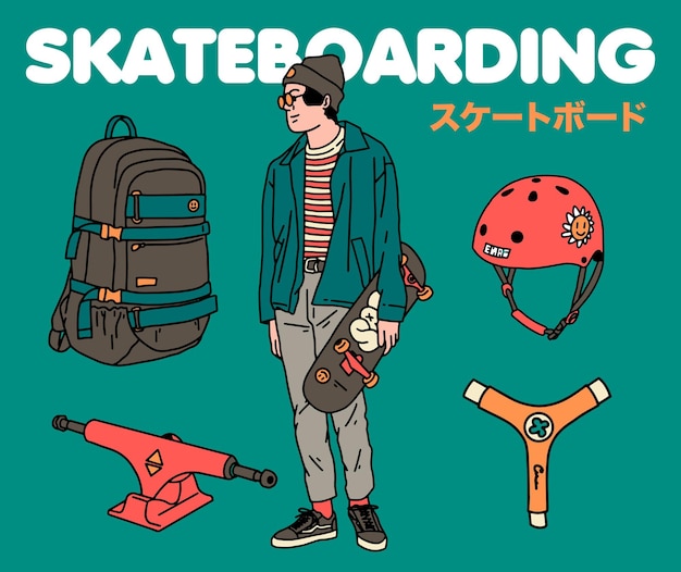 Illustrazione di vettore dell'attrezzatura e dell'attrezzatura di skateboard