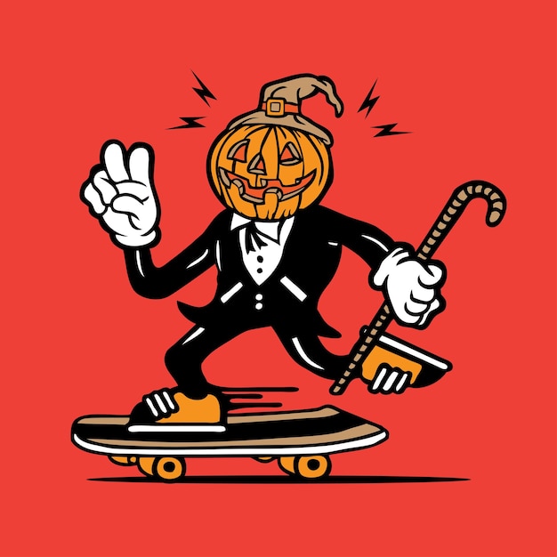 Vettore skateboarding pumpkins testa in tuxedo mascotte disegno personaggio disegno a mano vettore