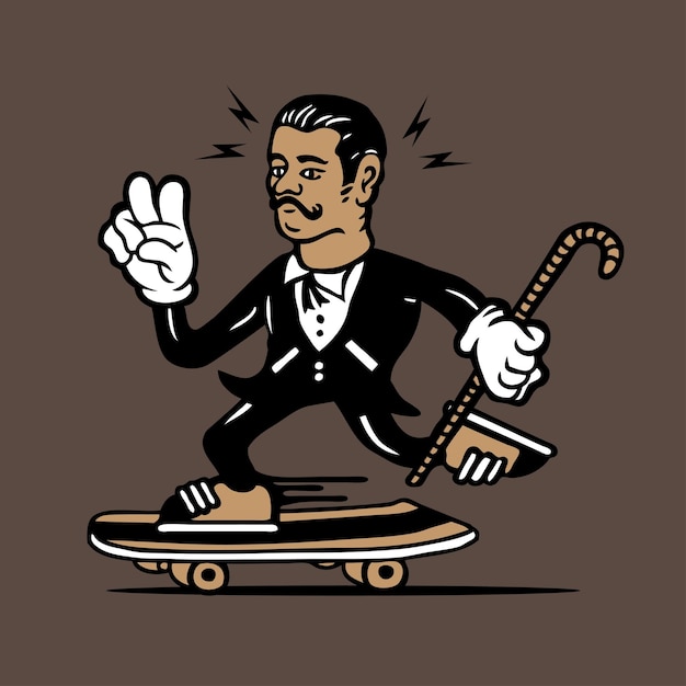 Skateboarding Retro Vinatge Man in Tuxedo Mascot Character Design Hand Drawing Vector