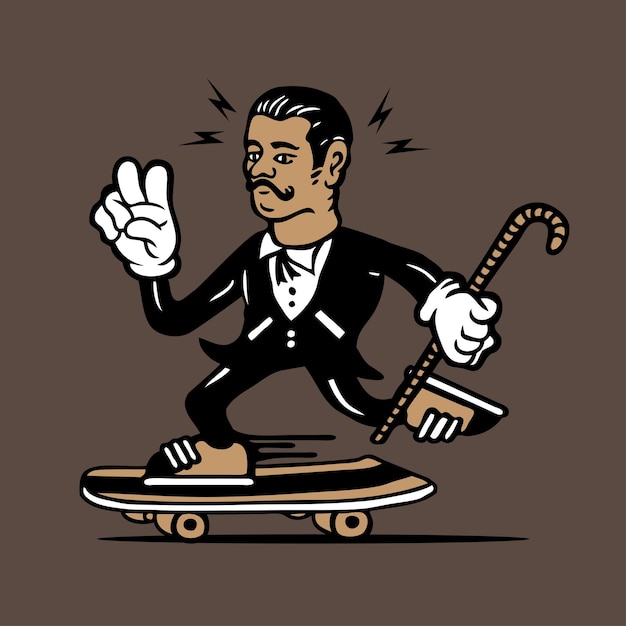 Vettore skateboard retro vinatge uomo in tuxedo mascotte disegno personaggio disegno a mano vettore