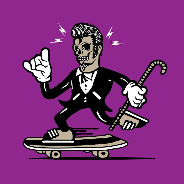 Vettore skateboarding rockabilly style uomo in tuxedo mascotte disegno personaggio disegno a mano vettore